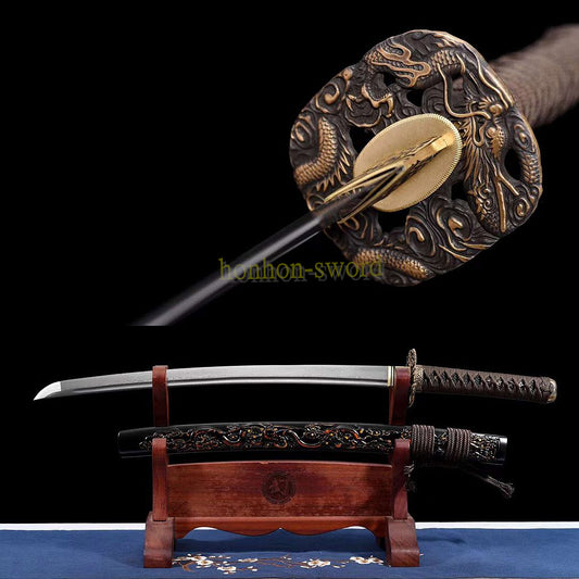 Japanisches Samurai-Schwert Katana aus schwarzem gefaltetem Stahl, Full Tang, handgefertigt, scharfe Klinge, schwarz 