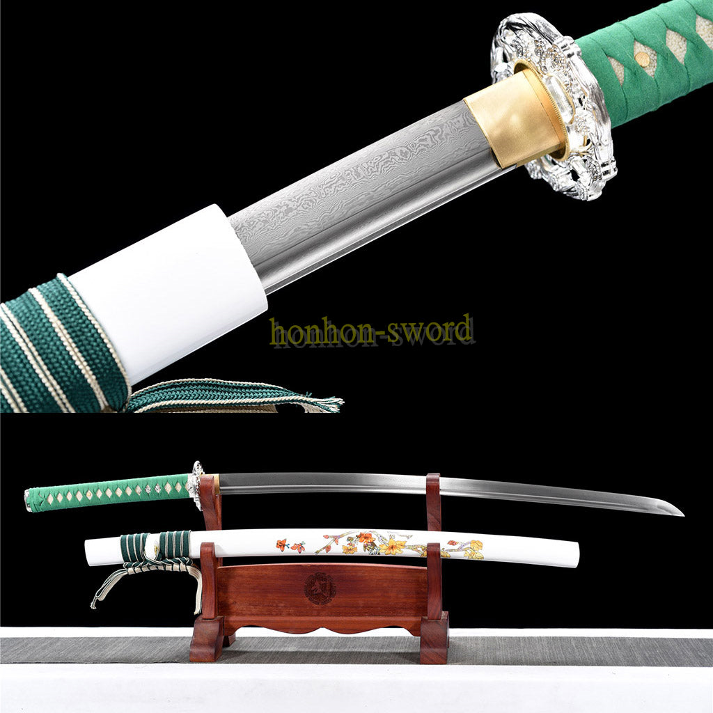 Japanisches Samurai-Schwert Katana aus schwarzem gefaltetem Stahl, Full Tang, handgefertigt, scharfe Klinge, schwarz 