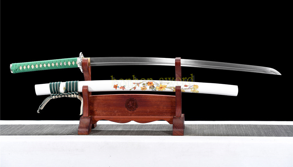 Japanisches Samurai-Schwert Katana aus schwarzem gefaltetem Stahl, Full Tang, handgefertigt, scharfe Klinge, schwarz 