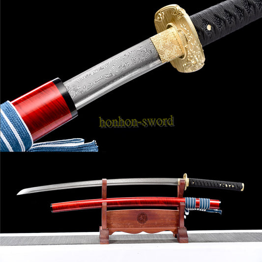 Japanisches Samurai-Schwert Katana aus schwarzem gefaltetem Stahl, Full Tang, handgefertigt, scharfe Klinge, schwarz 