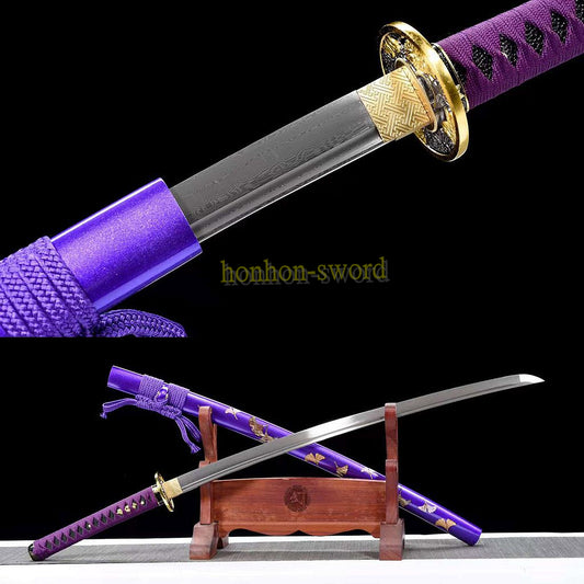 Japanisches Samurai-Schwert Katana aus schwarzem gefaltetem Stahl, Full Tang, handgefertigt, scharfe Klinge, schwarz 