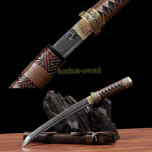 20" Damaskus gefalteter Stahl Tanto japanisches Samurai-Kurzschwert Shirasaya schwarzes Holz 