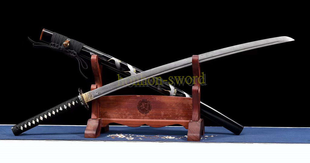 Damascus Folded Steel Katana Twisted Pattern Japanese Samurai Sword Battle Ready Black