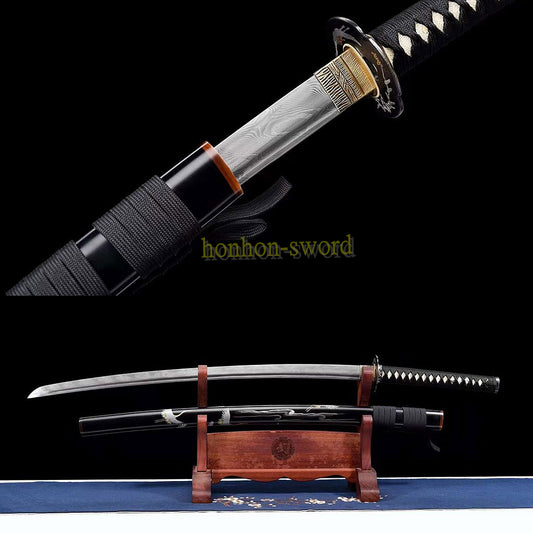 Japanisches Samurai-Schwert Katana aus schwarzem gefaltetem Stahl, Full Tang, handgefertigt, scharfe Klinge, schwarz 