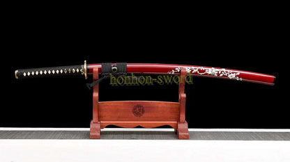 Japanisches Samurai-Schwert Katana aus schwarzem gefaltetem Stahl, Full Tang, handgefertigt, scharfe Klinge, schwarz 