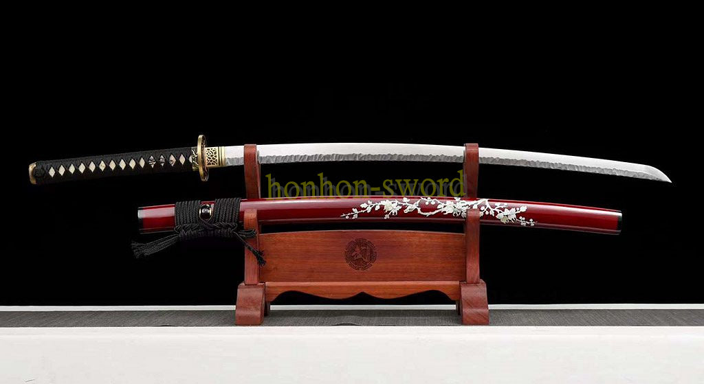 Japanisches Samurai-Schwert Katana aus schwarzem gefaltetem Stahl, Full Tang, handgefertigt, scharfe Klinge, schwarz 