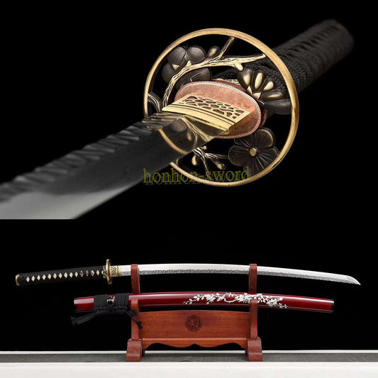 Japanisches Samurai-Schwert Katana aus schwarzem gefaltetem Stahl, Full Tang, handgefertigt, scharfe Klinge, schwarz 