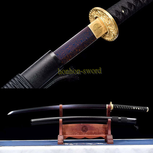 Japanisches Samurai-Schwert Katana aus schwarzem gefaltetem Stahl, Full Tang, handgefertigt, scharfe Klinge, schwarz 