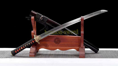 Japanisches Samurai-Schwert Katana aus schwarzem gefaltetem Stahl, Full Tang, handgefertigt, scharfe Klinge, schwarz 