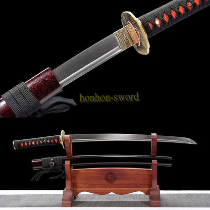 Japanisches Samurai-Schwert Katana aus schwarzem gefaltetem Stahl, Full Tang, handgefertigt, scharfe Klinge, schwarz 