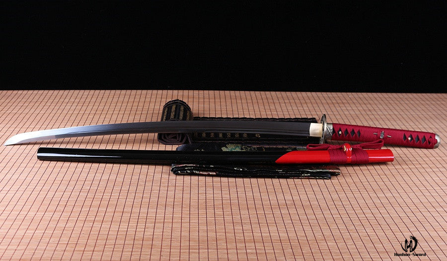 Unokubi Zukuri Damascus Folded Steel Japanese Samurai Katana Sword Red