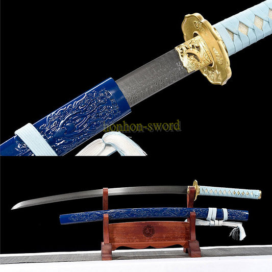 Japanisches Samurai-Schwert Katana aus schwarzem gefaltetem Stahl, Full Tang, handgefertigt, scharfe Klinge, schwarz 