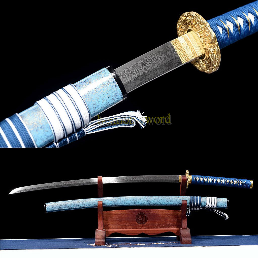 Japanisches Samurai-Schwert Katana aus schwarzem gefaltetem Stahl, Full Tang, handgefertigt, scharfe Klinge, schwarz 