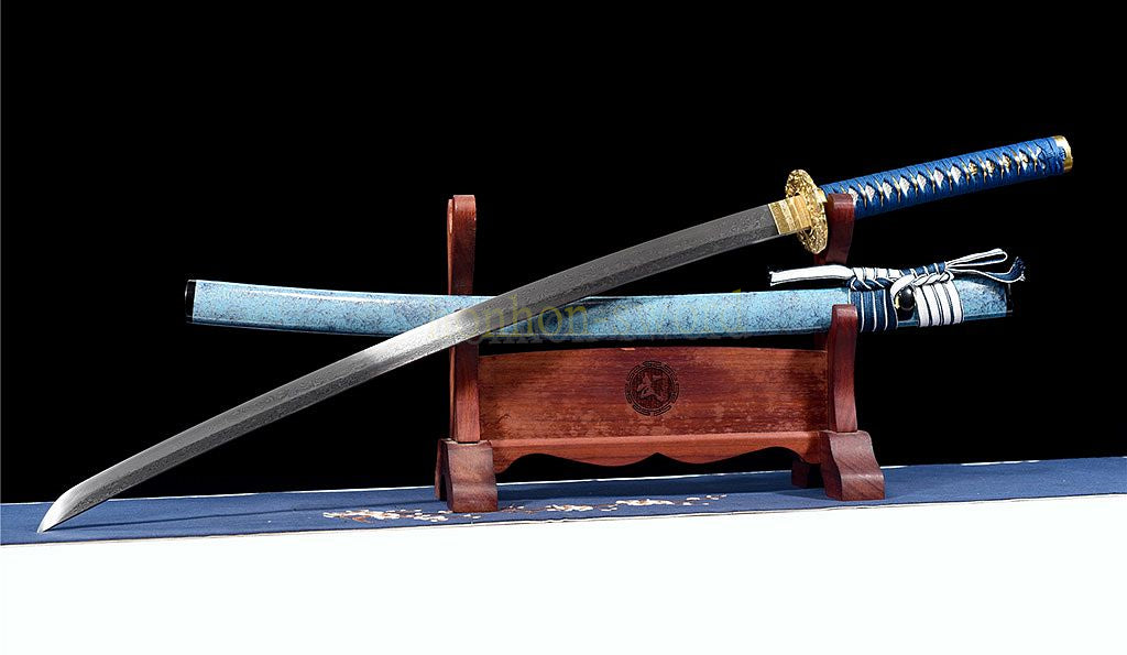 Japanisches Samurai-Schwert Katana aus schwarzem gefaltetem Stahl, Full Tang, handgefertigt, scharfe Klinge, schwarz 