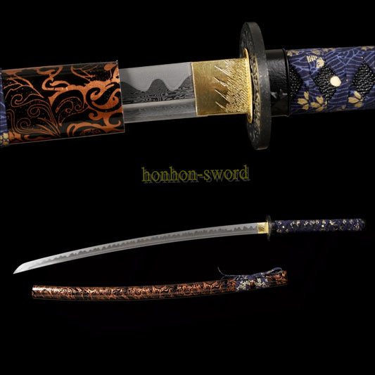 Japanisches Samurai-Schwert Katana aus schwarzem gefaltetem Stahl, Full Tang, handgefertigt, scharfe Klinge, schwarz 