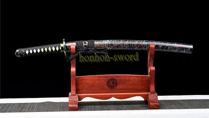 Japanisches Samurai-Schwert Katana aus schwarzem gefaltetem Stahl, Full Tang, handgefertigt, scharfe Klinge, schwarz 