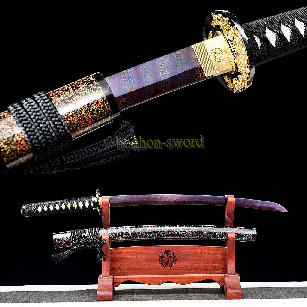 Japanisches Samurai-Schwert Katana aus schwarzem gefaltetem Stahl, Full Tang, handgefertigt, scharfe Klinge, schwarz 