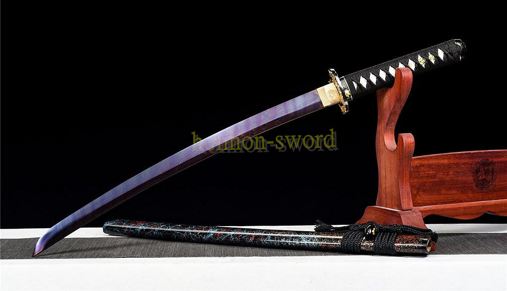 Japanisches Samurai-Schwert Katana aus schwarzem gefaltetem Stahl, Full Tang, handgefertigt, scharfe Klinge, schwarz 