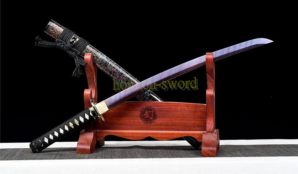 Japanisches Samurai-Schwert Katana aus schwarzem gefaltetem Stahl, Full Tang, handgefertigt, scharfe Klinge, schwarz 