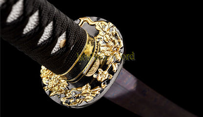 Japanisches Samurai-Schwert Katana aus schwarzem gefaltetem Stahl, Full Tang, handgefertigt, scharfe Klinge, schwarz 