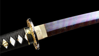 Japanisches Samurai-Schwert Katana aus schwarzem gefaltetem Stahl, Full Tang, handgefertigt, scharfe Klinge, schwarz 