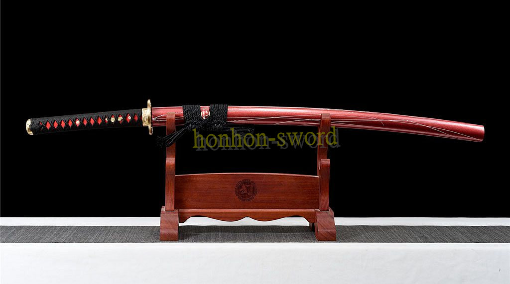 Damascus Folded Steel Blue Blade Katana Japanese Samurai Sword Full Tang Red