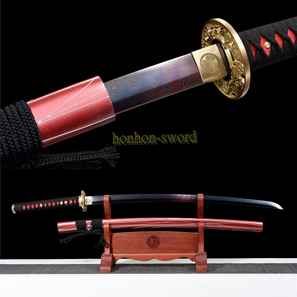 Damascus Folded Steel Blue Blade Katana Japanese Samurai Sword Full Tang Red