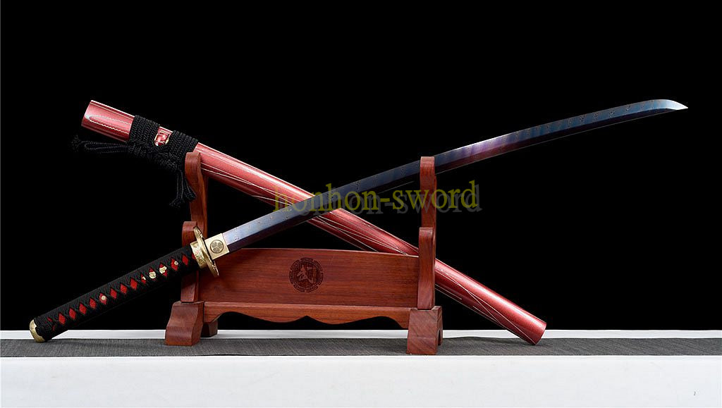 Damascus Folded Steel Blue Blade Katana Japanese Samurai Sword Full Tang Red