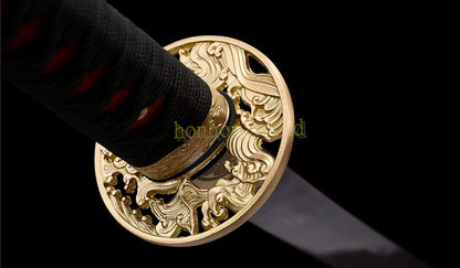 Damascus Folded Steel Blue Blade Katana Japanese Samurai Sword Full Tang Red