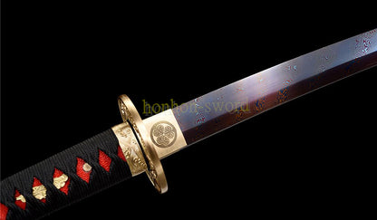 Damascus Folded Steel Blue Blade Katana Japanese Samurai Sword Full Tang Red