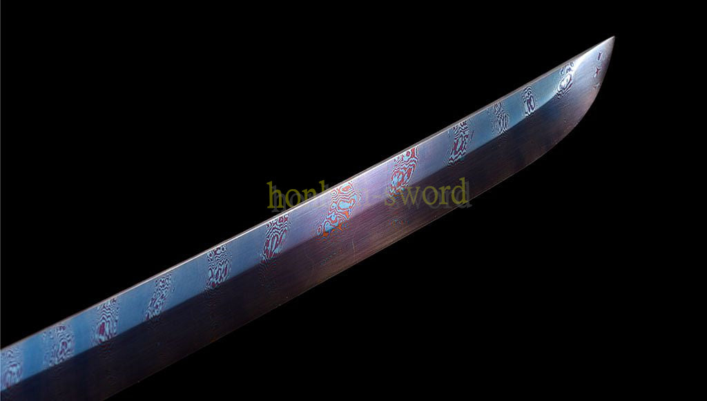 Damascus Folded Steel Blue Blade Katana Japanese Samurai Sword Full Tang Red