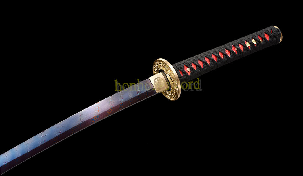 Damascus Folded Steel Blue Blade Katana Japanese Samurai Sword Full Tang Red