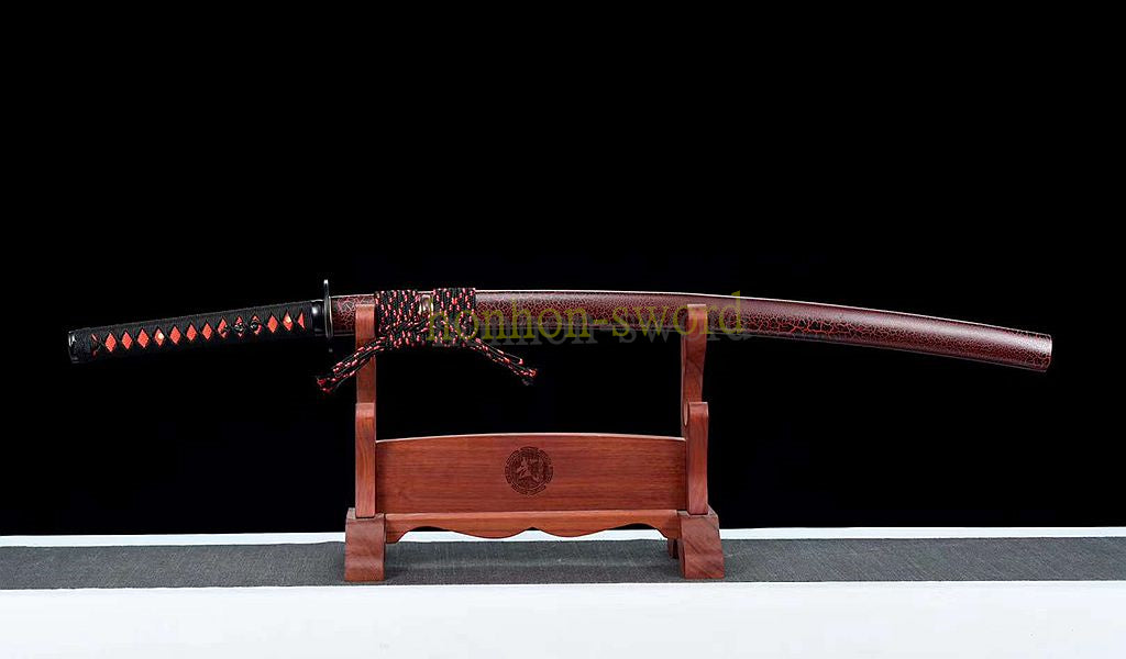 Damascus Folded Steel Blue Blade Katana Japanese Samurai Sword Full Tang Red