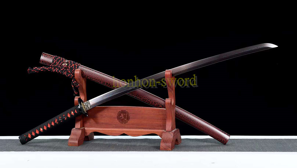 Damascus Folded Steel Blue Blade Katana Japanese Samurai Sword Full Tang Red