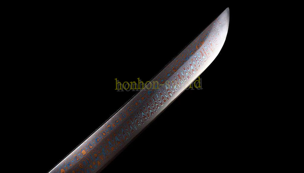 Damascus Folded Steel Blue Blade Katana Japanese Samurai Sword Full Tang Red