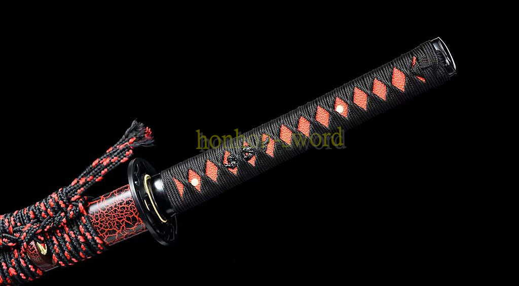 Damascus Folded Steel Blue Blade Katana Japanese Samurai Sword Full Tang Red