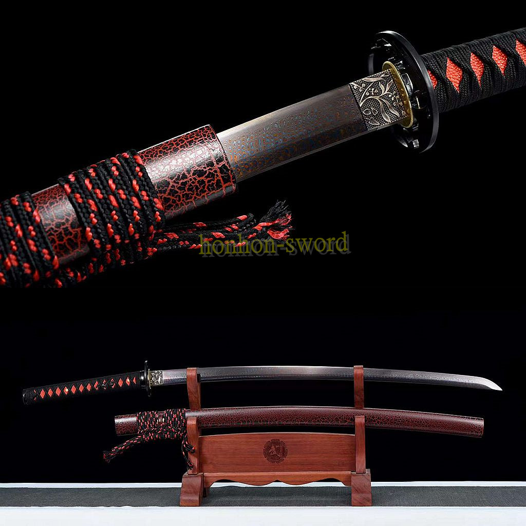 Damascus Folded Steel Blue Blade Katana Japanese Samurai Sword Full Tang Red