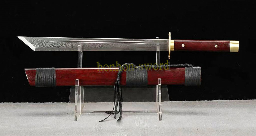 Handgeschmiedetes japanisches Samurai-Schwert Katana aus Damaszener-Faltstahl, scharf, ganz in Schwarz 