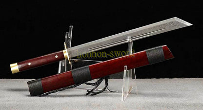 Handgeschmiedetes japanisches Samurai-Schwert Katana aus Damaszener-Faltstahl, scharf, ganz in Schwarz 