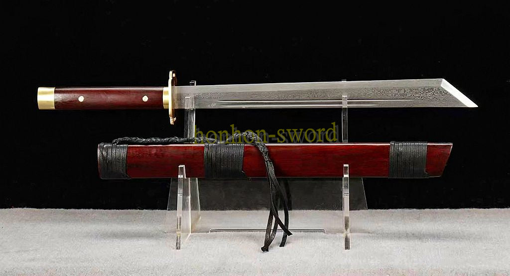 Handgeschmiedetes japanisches Samurai-Schwert Katana aus Damaszener-Faltstahl, scharf, ganz in Schwarz 