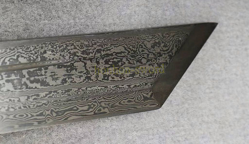 Handgeschmiedetes japanisches Samurai-Schwert Katana aus Damaszener-Faltstahl, scharf, ganz in Schwarz 