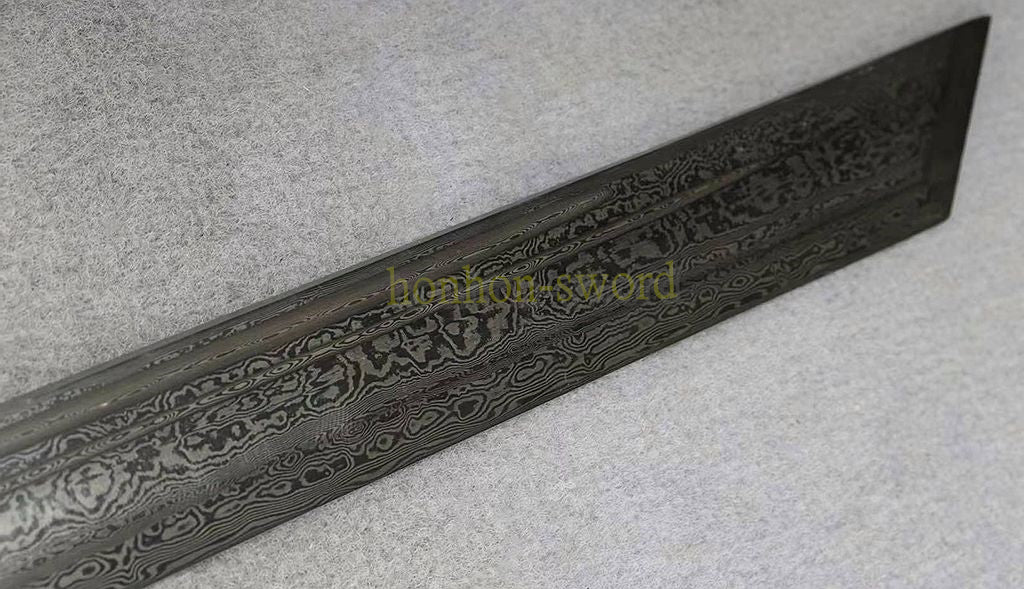 Handgeschmiedetes japanisches Samurai-Schwert Katana aus Damaszener-Faltstahl, scharf, ganz in Schwarz 