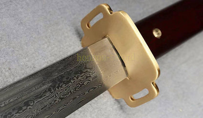 Handgeschmiedetes japanisches Samurai-Schwert Katana aus Damaszener-Faltstahl, scharf, ganz in Schwarz 