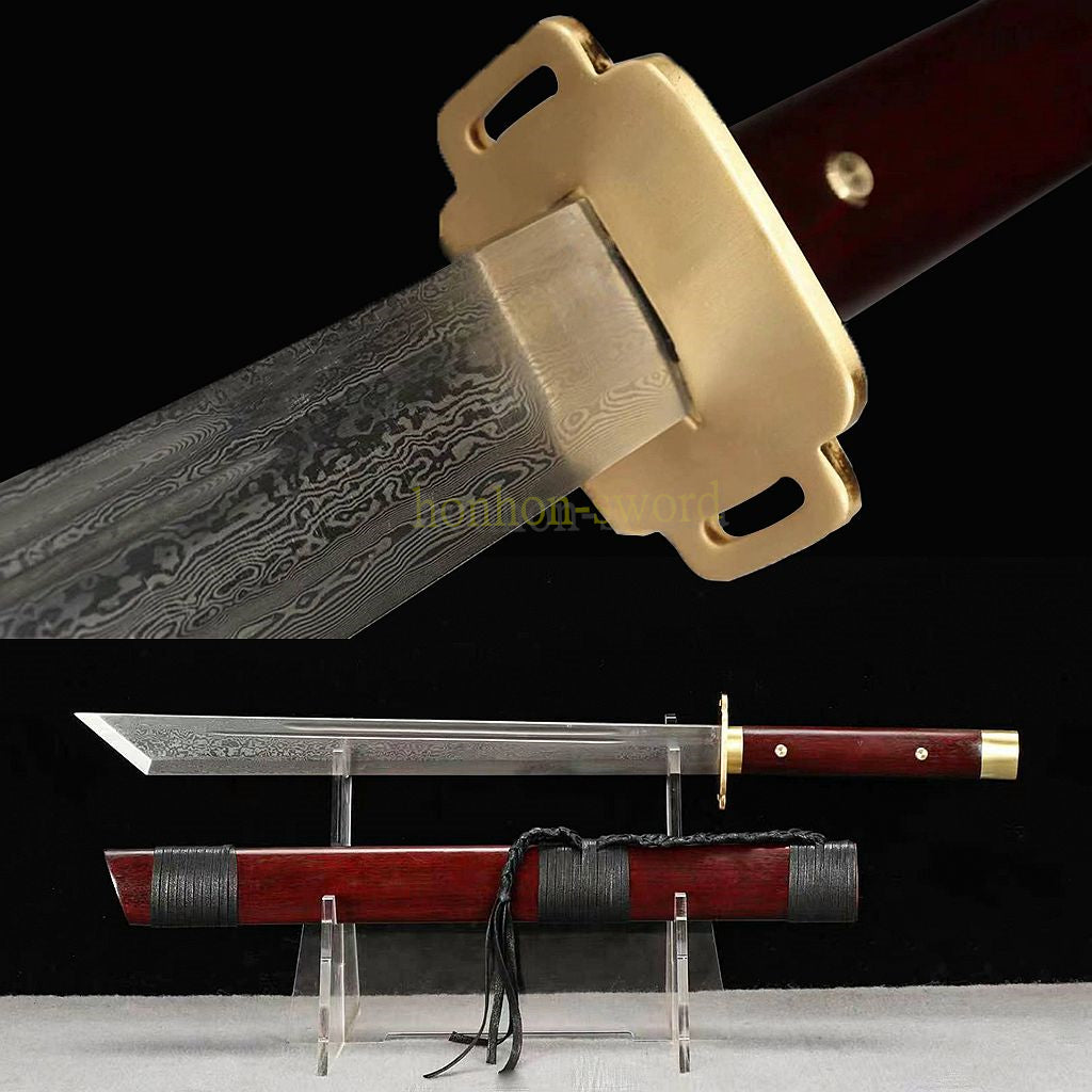 Handgeschmiedetes japanisches Samurai-Schwert Katana aus Damaszener-Faltstahl, scharf, ganz in Schwarz 