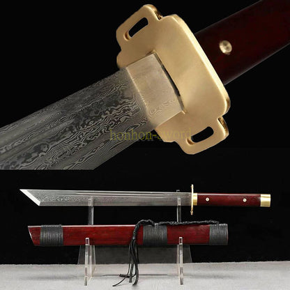 Handgeschmiedetes japanisches Samurai-Schwert Katana aus Damaszener-Faltstahl, scharf, ganz in Schwarz 