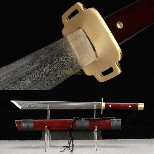 Handgeschmiedetes japanisches Samurai-Schwert Katana aus Damaszener-Faltstahl, scharf, ganz in Schwarz 