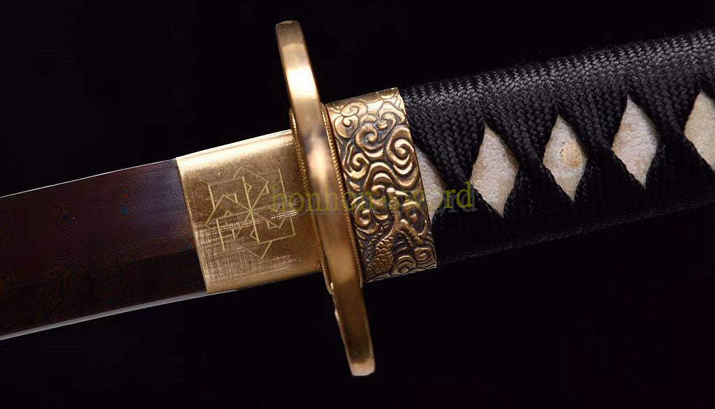 Damascus Folded Steel Katana Japanese Samurai Sword Full Tang Black Rattan Saya