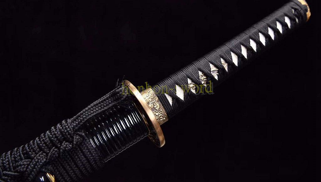 Damascus Folded Steel Katana Japanese Samurai Sword Full Tang Black Rattan Saya