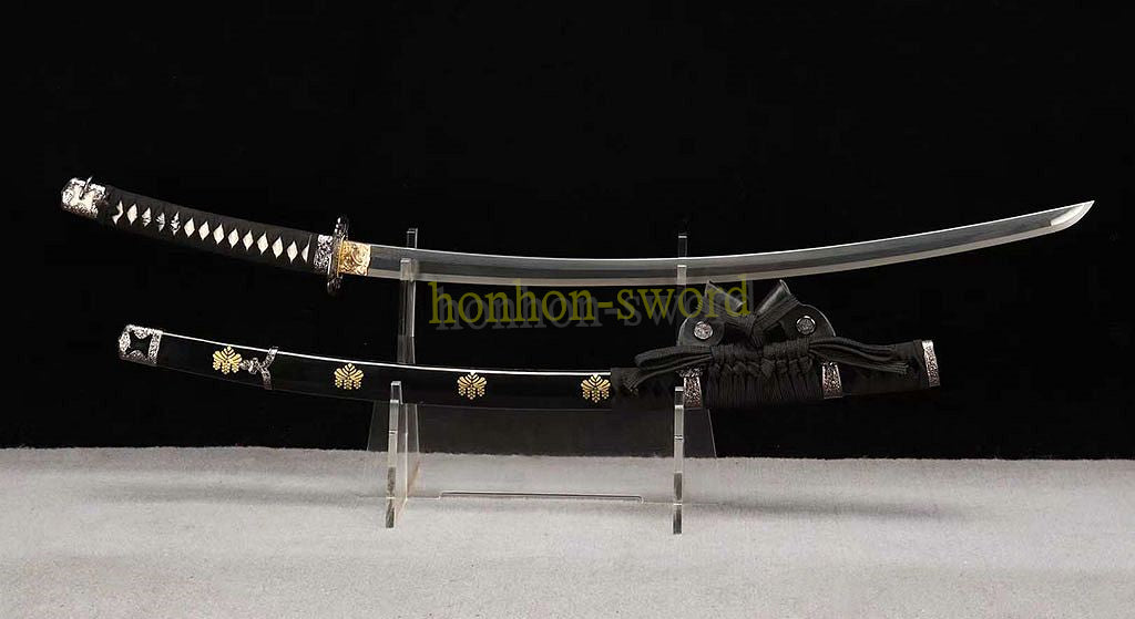 Japanisches Samurai-Schwert Katana aus schwarzem gefaltetem Stahl, Full Tang, handgefertigt, scharfe Klinge, schwarz 