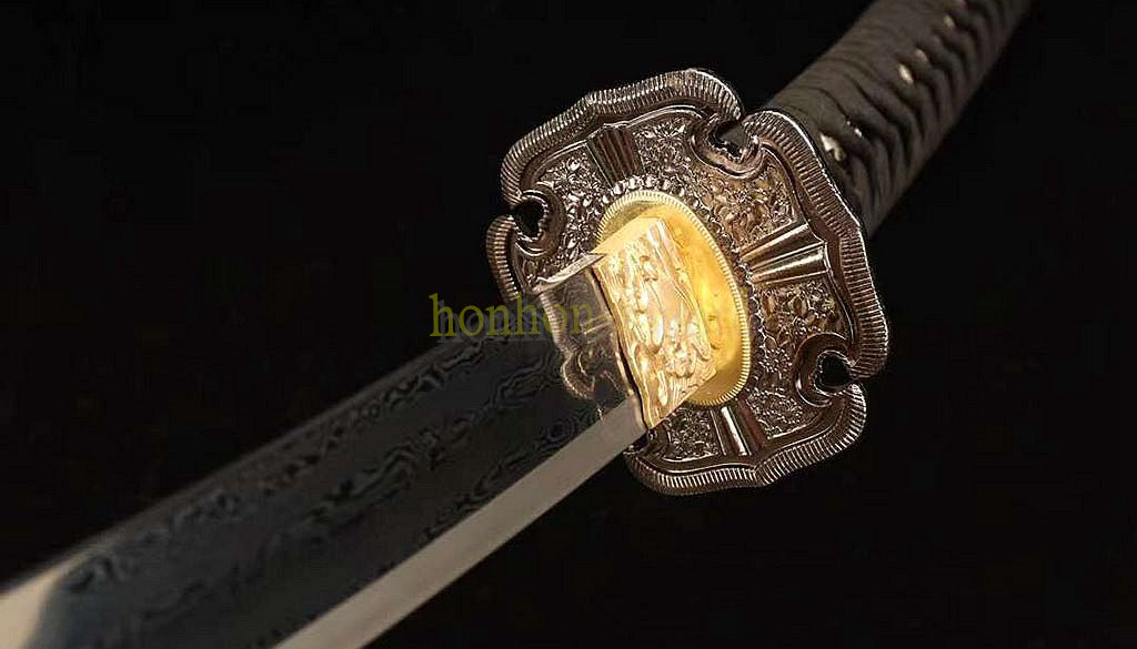 Japanisches Samurai-Schwert Katana aus schwarzem gefaltetem Stahl, Full Tang, handgefertigt, scharfe Klinge, schwarz 